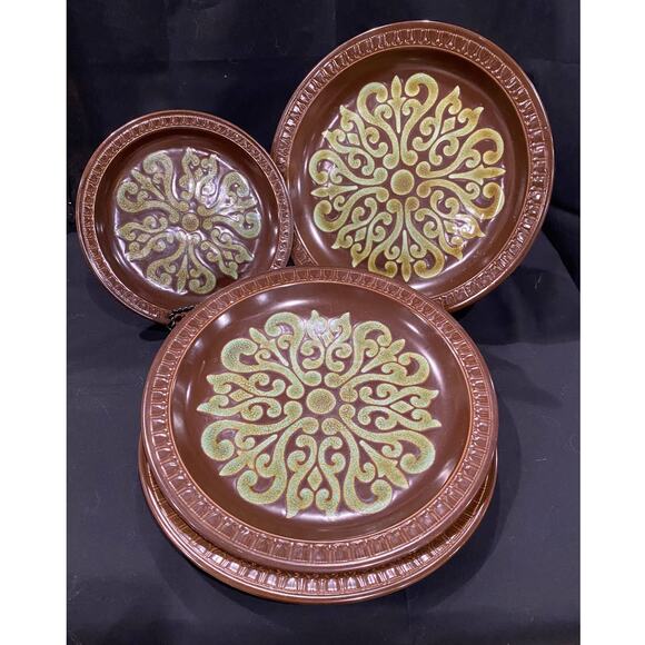 Vintage Haruto Green and Brown Boho Stoneware 3 Dinner plates, 1 Salad plate - Picture 2 of 5